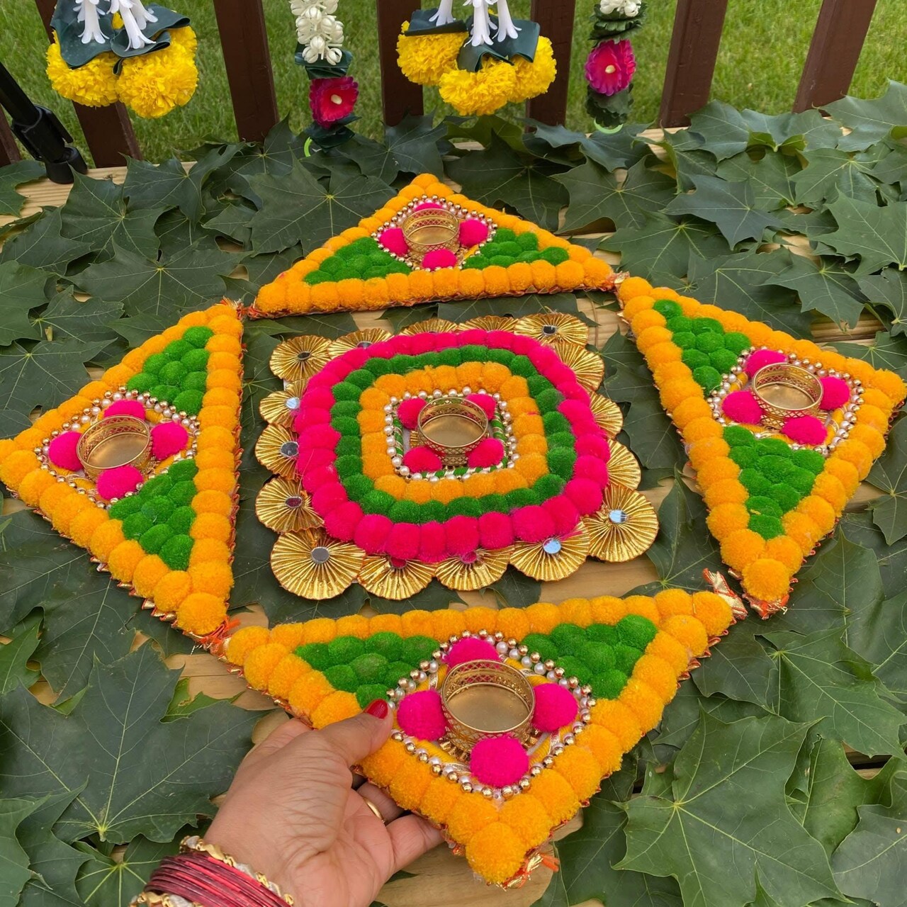 Rangoli Mat with Tea Light Candle Holder for Diwali Christmas Onam Pongal Decorations Pompom Rangoli Floor Home Temple Table Decor - Indian Traditional Deepawali Decoration (1 Pcs)